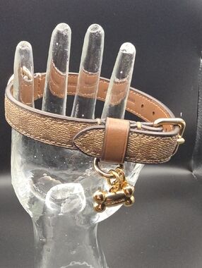 Coach Brown Leather Dog Collar with Gold Bone Charm